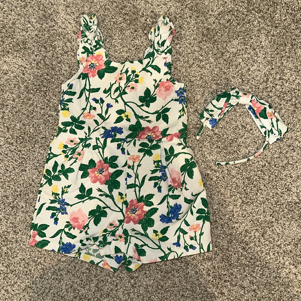 Janie and Jack 18-24 mos floral romper with matching headband *WORN ONCE